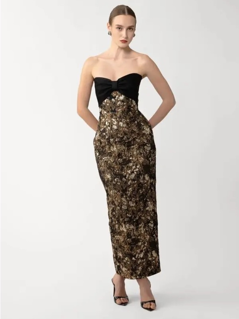 Sau Lee Strapless Black and Gold Sequin Maxi Dress With Tags